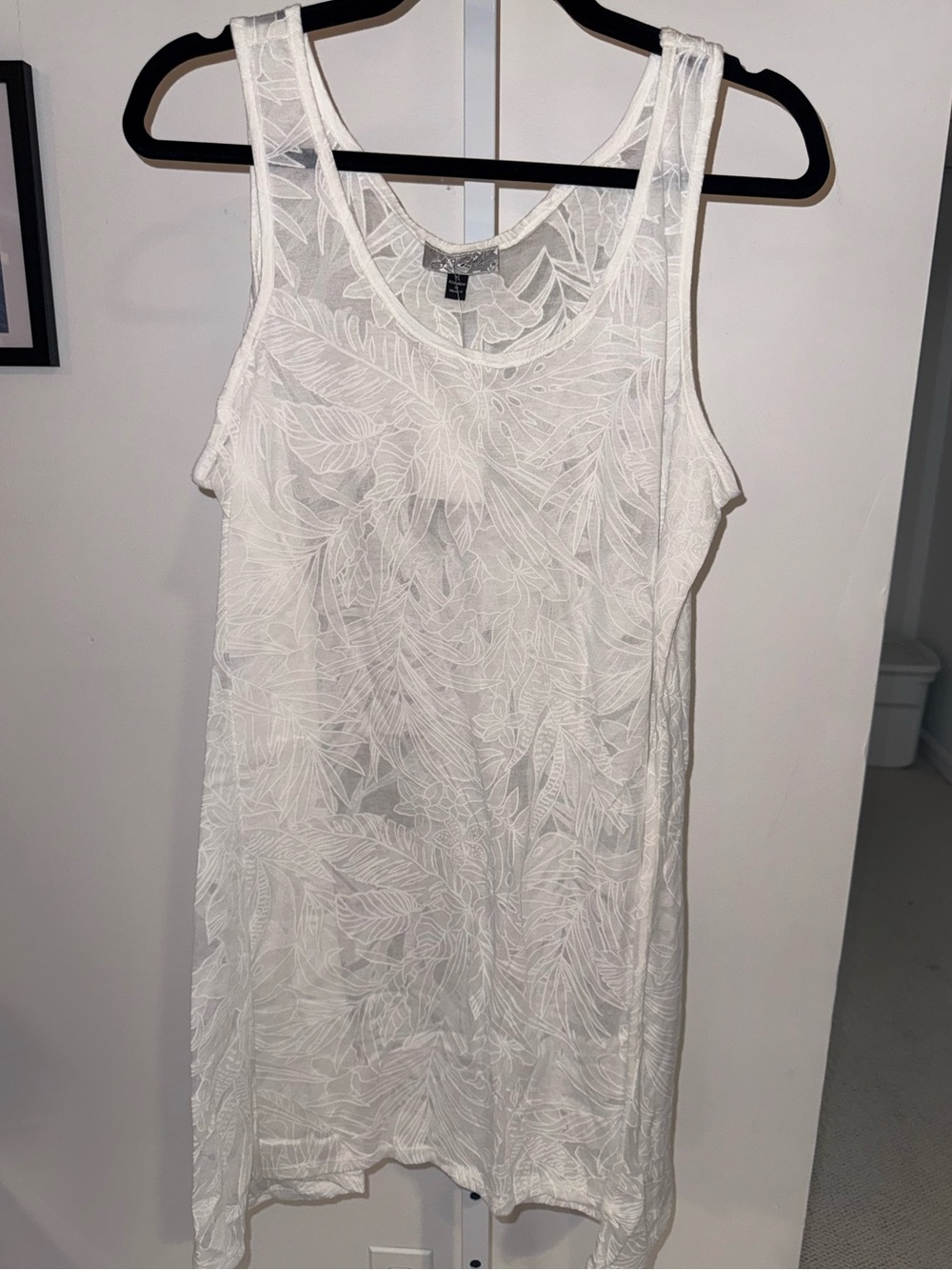 White Sleeveless Leaf-Print Sheer Beach Coverup
